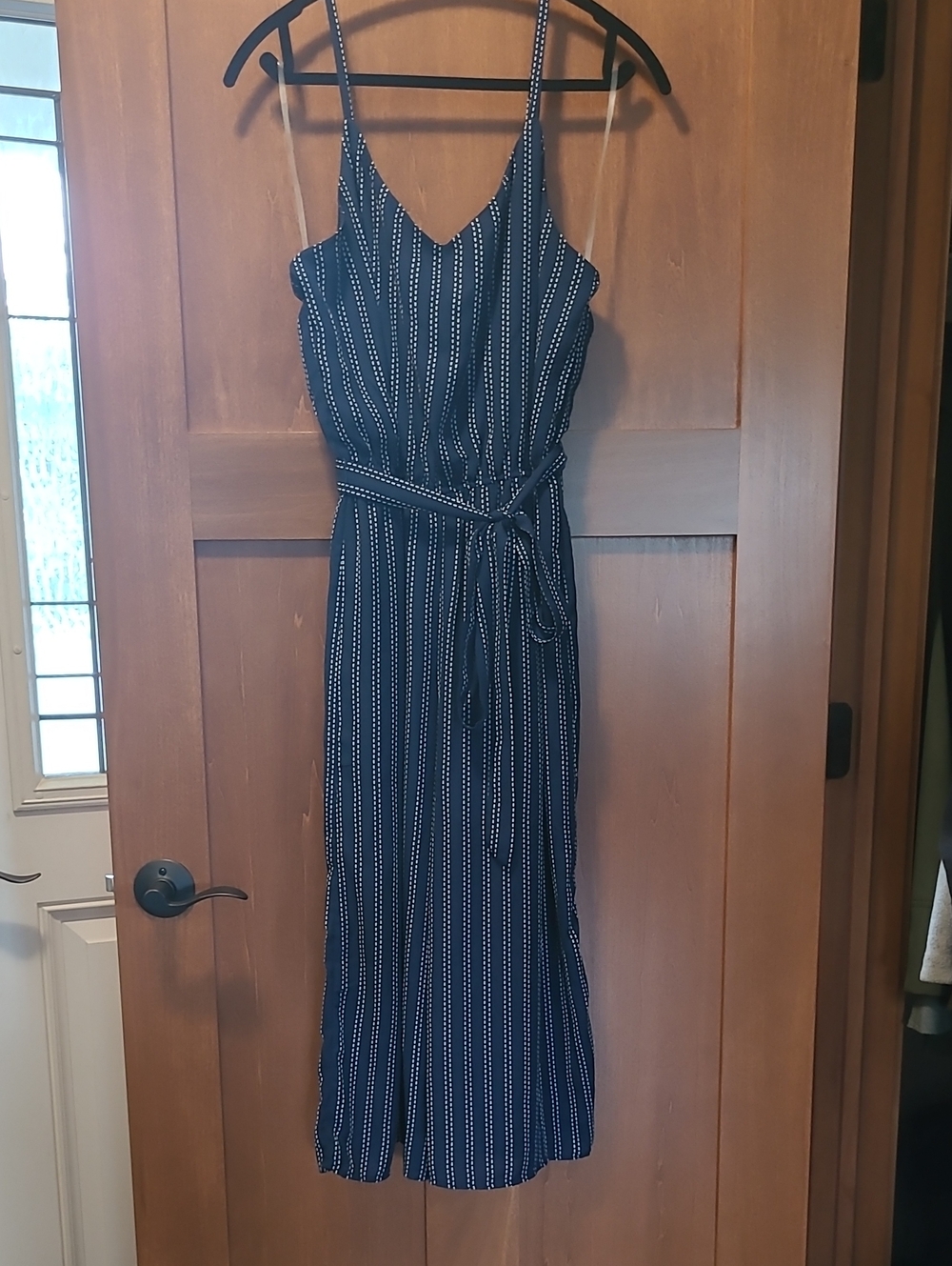 AUW Navy & White Striped Wide-Leg Lined Jumpsuit with Tie Waist